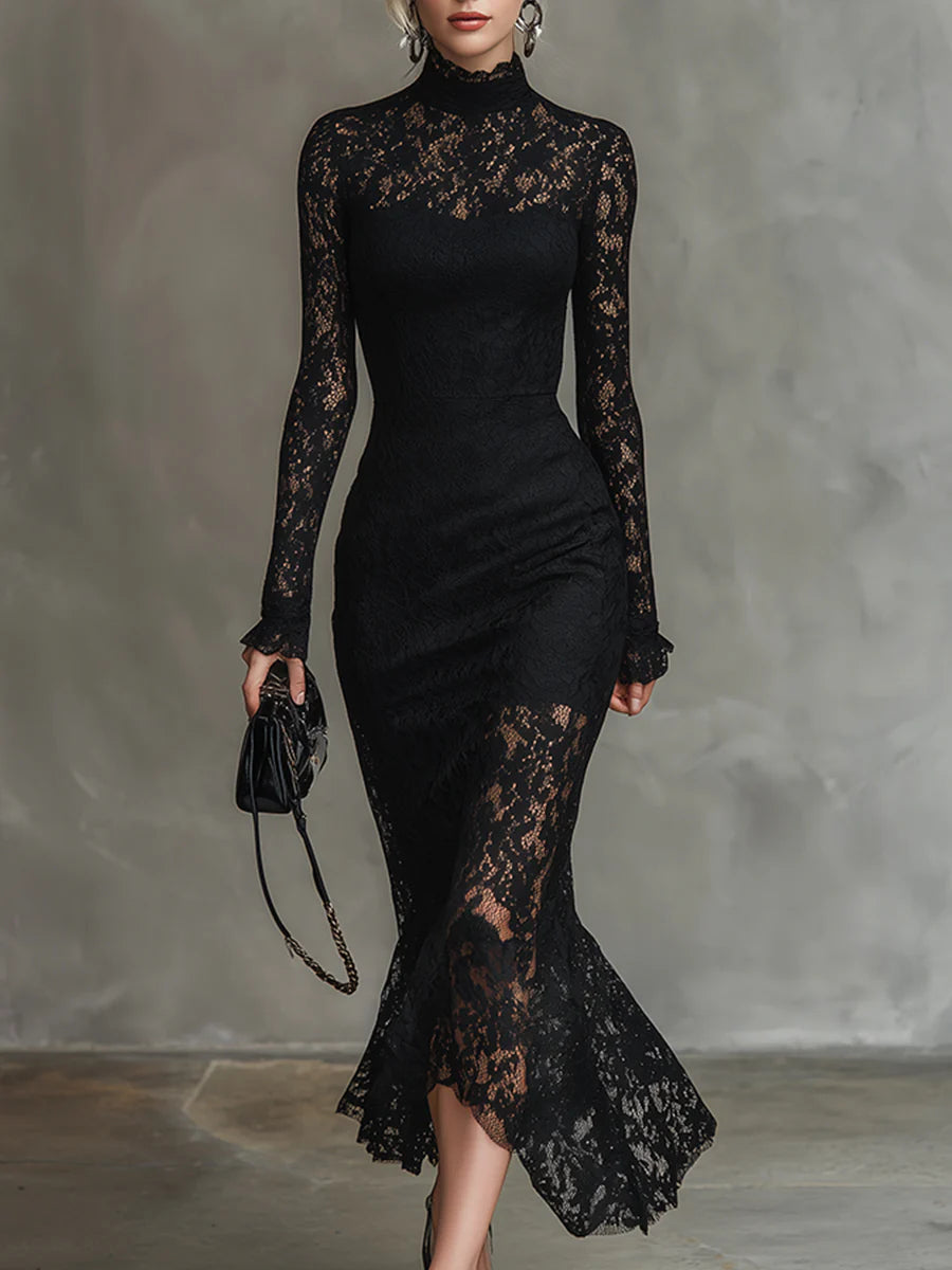 Teresa - Elegancka Sukienka Maxi Fishtail z Elastycznej Czarnej Koronki