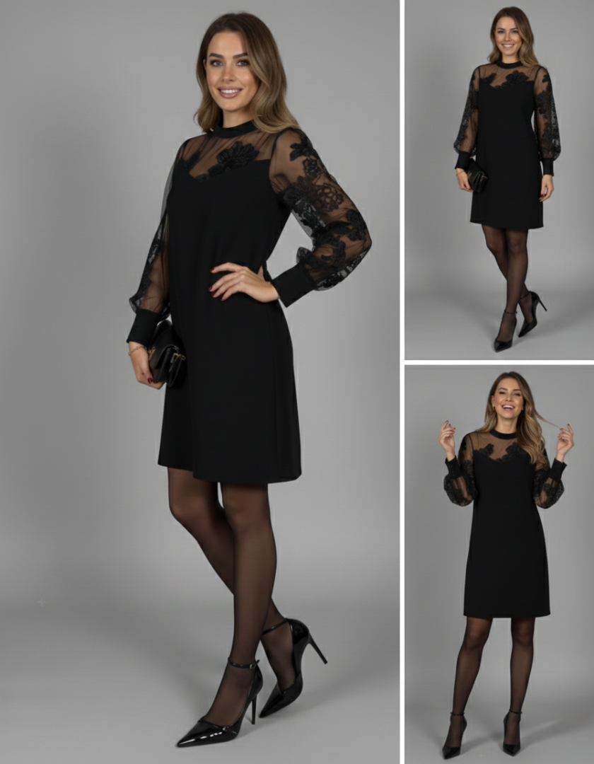 Caterina I Elegancka czarna sukienka z tiulowymi rękawami
