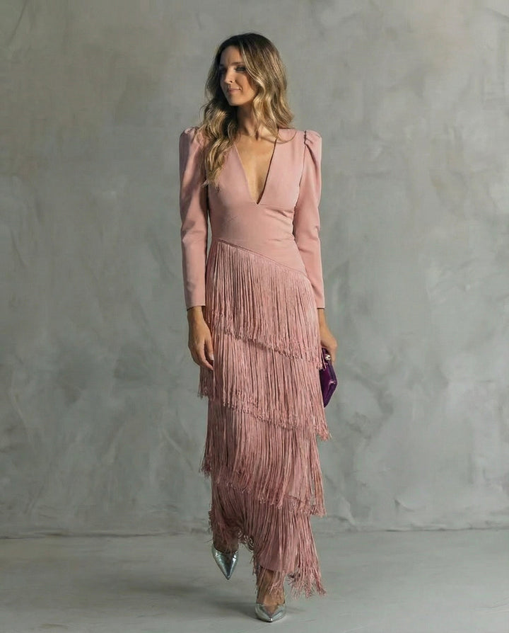 Clara™ | Elegancka sukienka midi z frędzlami